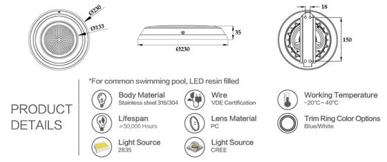 4 तार 230 मिमी RGB 12W IP68 12v स्विमिंग पूल लाइट्स
